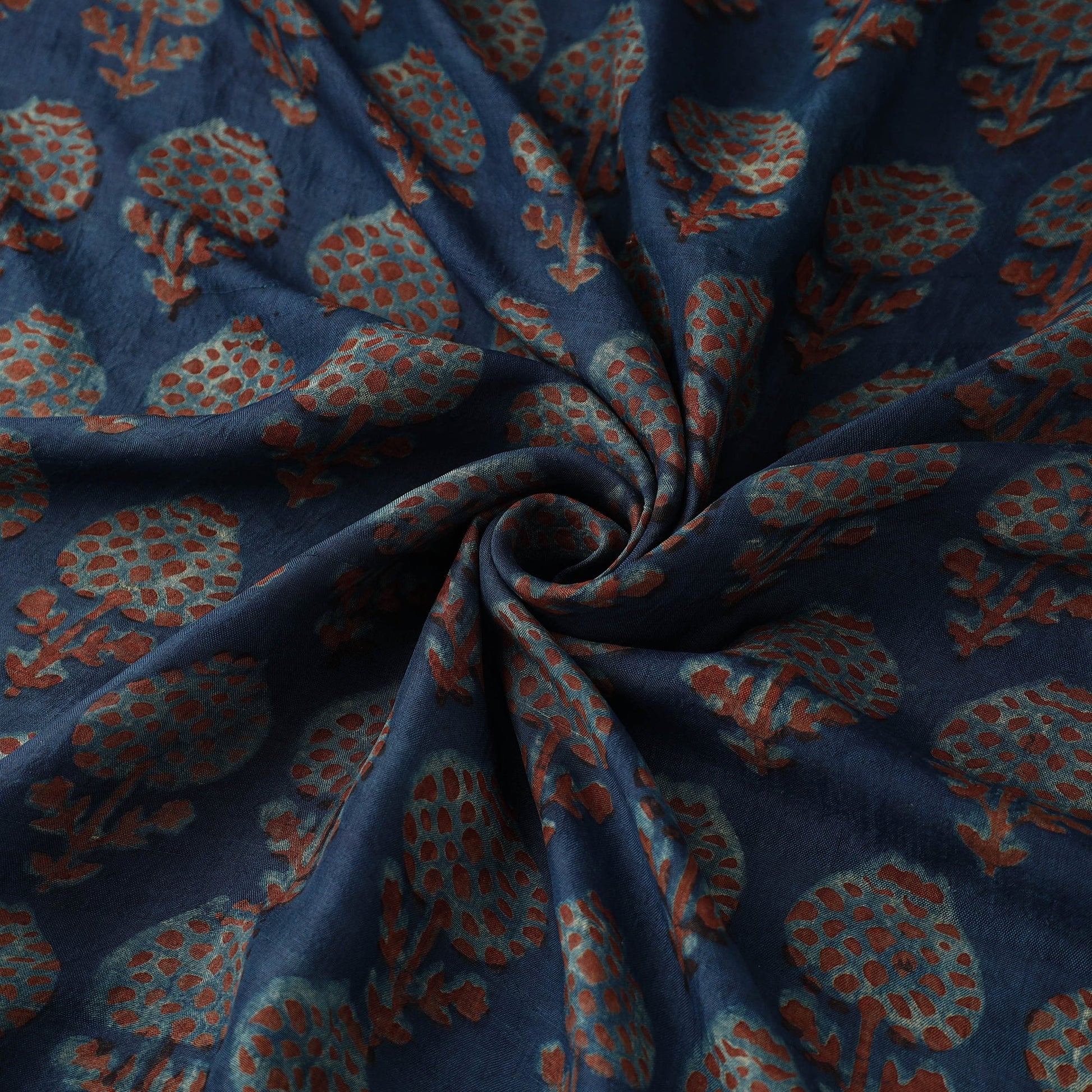 Blue - Akola Hand Block Printed Mulberry Silk Fabric 09
