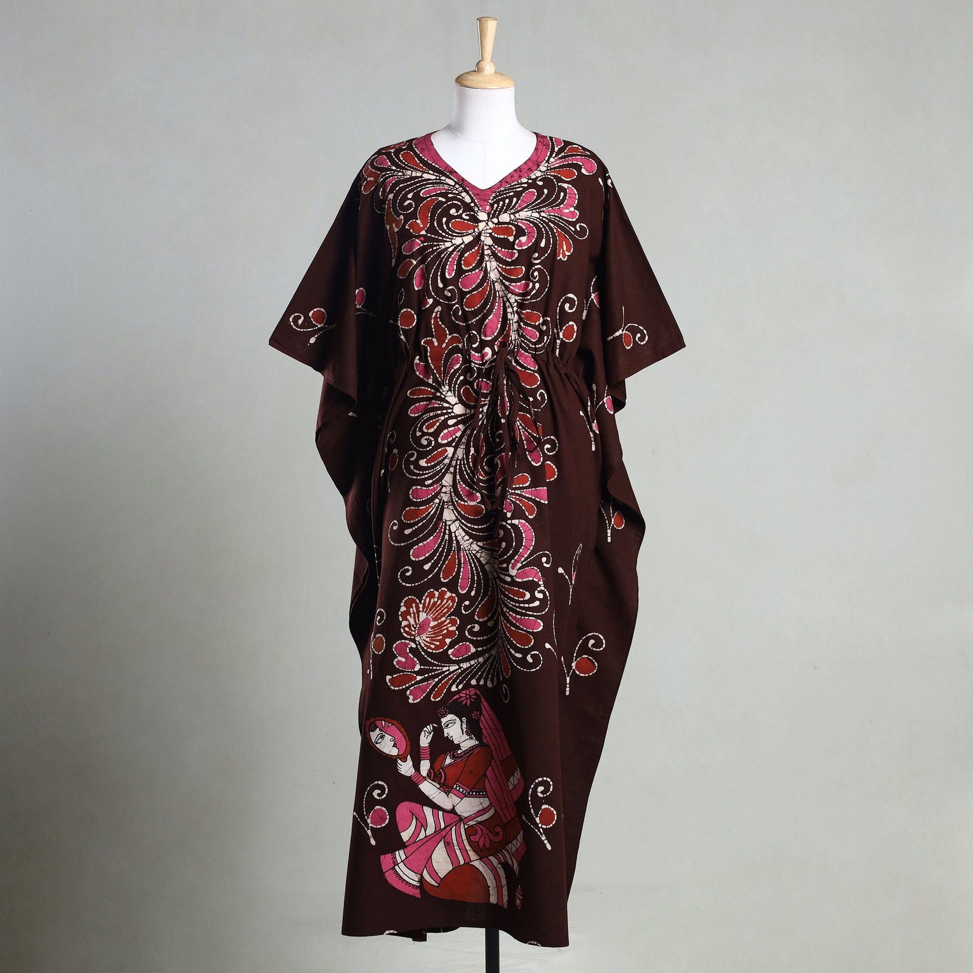 Brown - Hand Batik Printed Cotton Kaftan with Tie-Up Waist (Long)