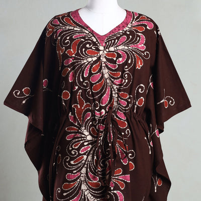 Brown - Hand Batik Printed Cotton Kaftan with Tie-Up Waist (Long)