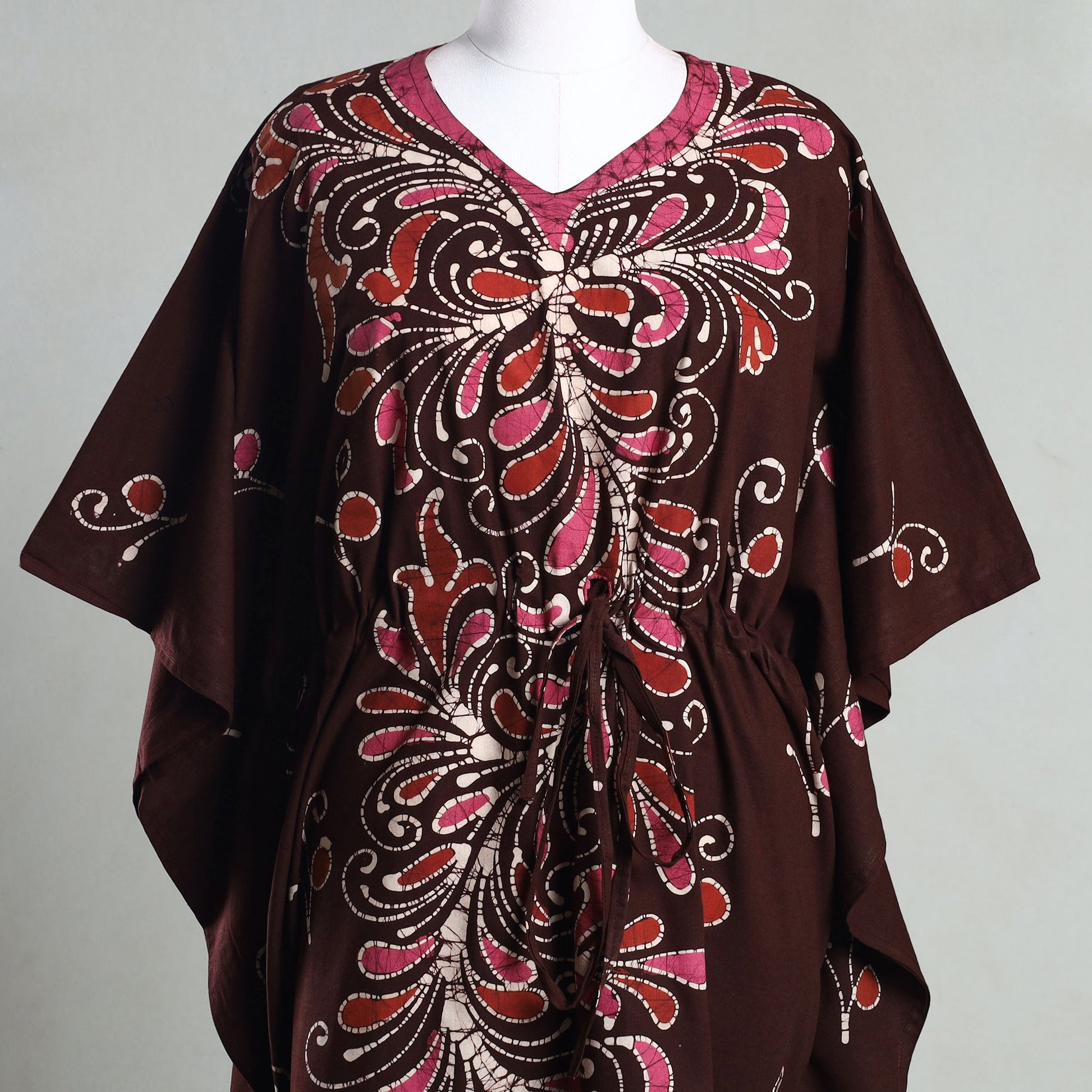 Brown - Hand Batik Printed Cotton Kaftan with Tie-Up Waist (Long)