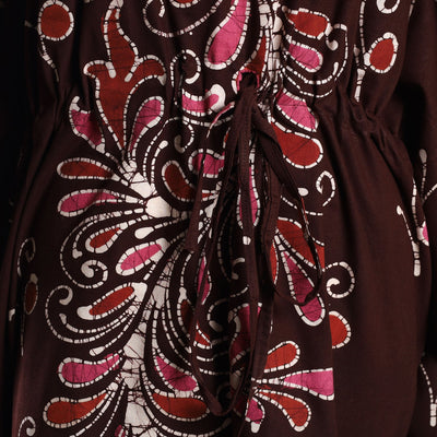 Brown - Hand Batik Printed Cotton Kaftan with Tie-Up Waist (Long)