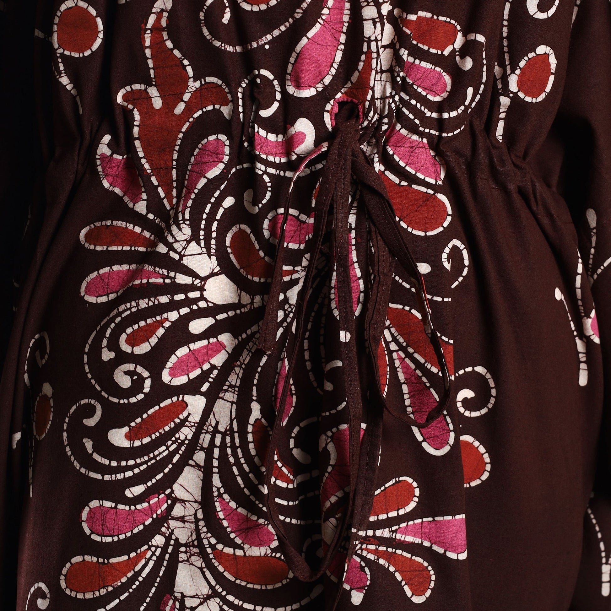 Brown - Hand Batik Printed Cotton Kaftan with Tie-Up Waist (Long)
