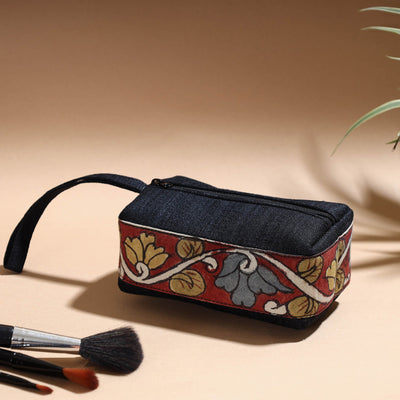 Black - Handpainted Kalamkari Natural Dyed Ghicha Silk Multipurpose Cosmetic/Toiletry Pouch