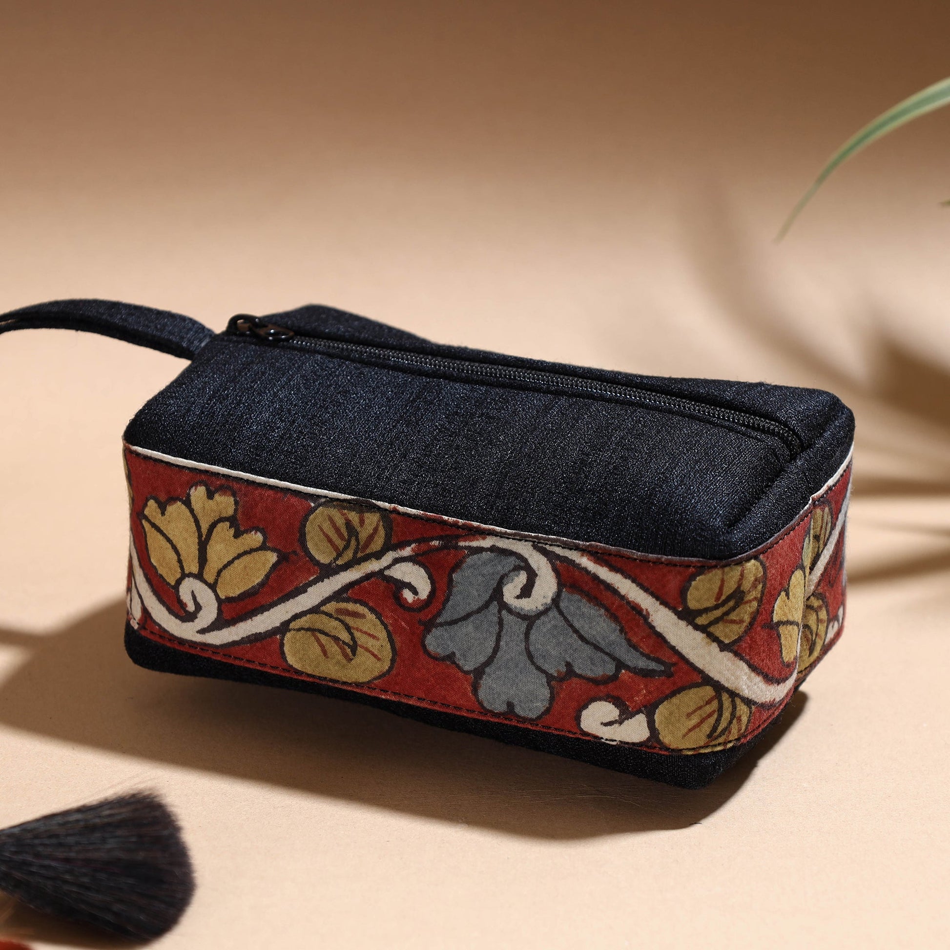 Black - Handpainted Kalamkari Natural Dyed Ghicha Silk Multipurpose Cosmetic/Toiletry Pouch