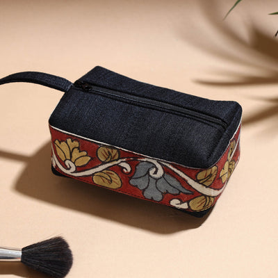 Black - Handpainted Kalamkari Natural Dyed Ghicha Silk Multipurpose Cosmetic/Toiletry Pouch