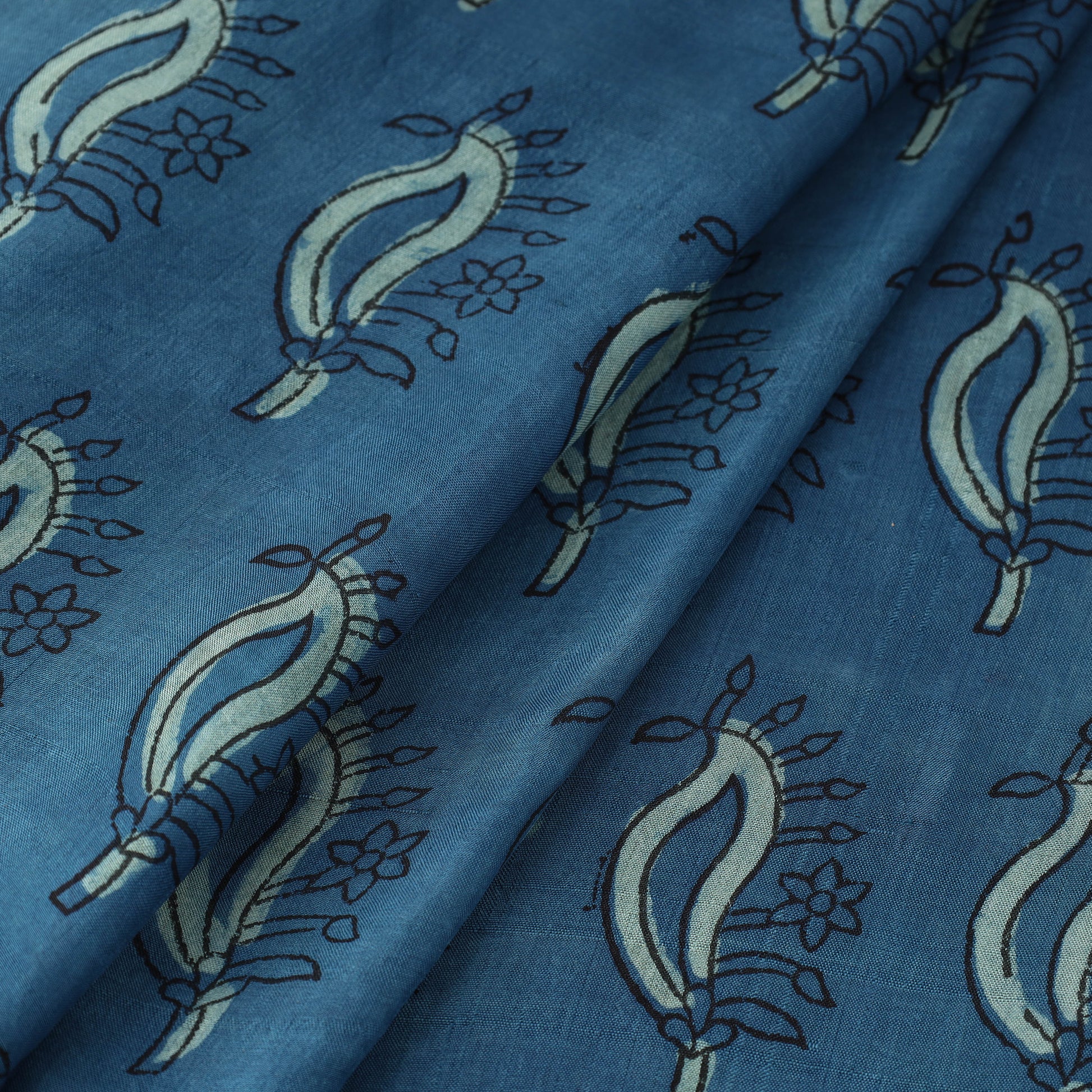 Blue - Akola Hand Block Printed Mulberry Silk Fabric 24