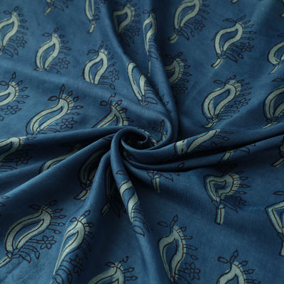 Blue - Akola Hand Block Printed Mulberry Silk Fabric 24