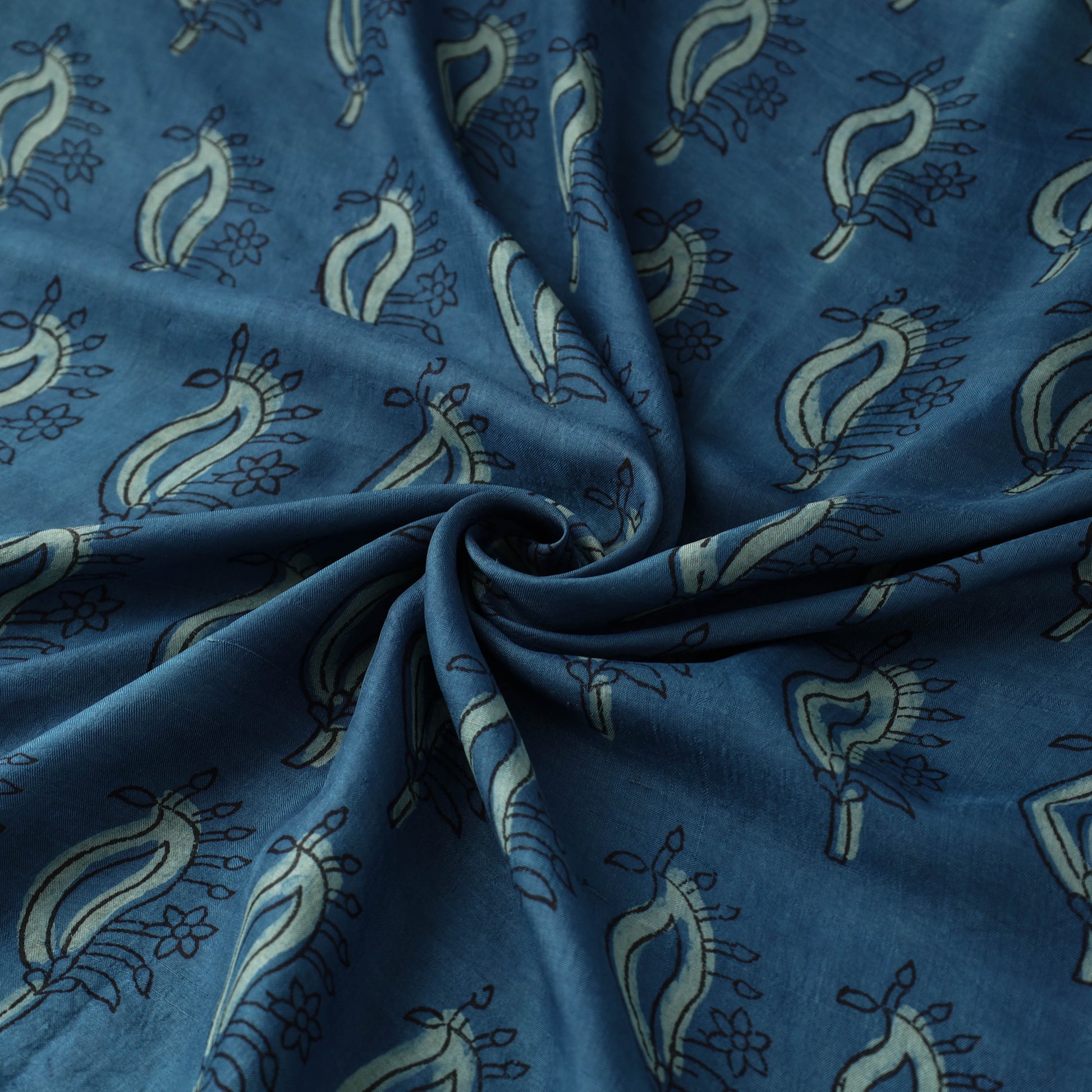 Blue - Akola Hand Block Printed Mulberry Silk Fabric 24
