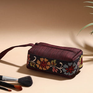 Brown - Handpainted Kalamkari Natural Dyed Ghicha Silk Multipurpose Cosmetic/Toiletry Pouch