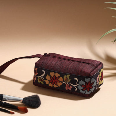 Brown - Handpainted Kalamkari Natural Dyed Ghicha Silk Multipurpose Cosmetic/Toiletry Pouch