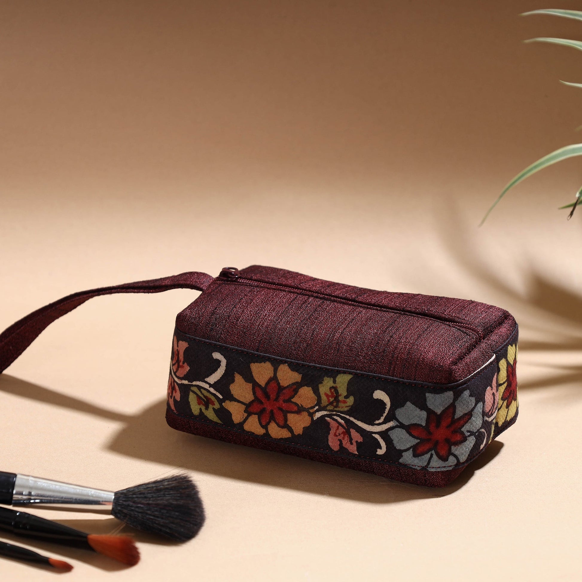 Brown - Handpainted Kalamkari Natural Dyed Ghicha Silk Multipurpose Cosmetic/Toiletry Pouch