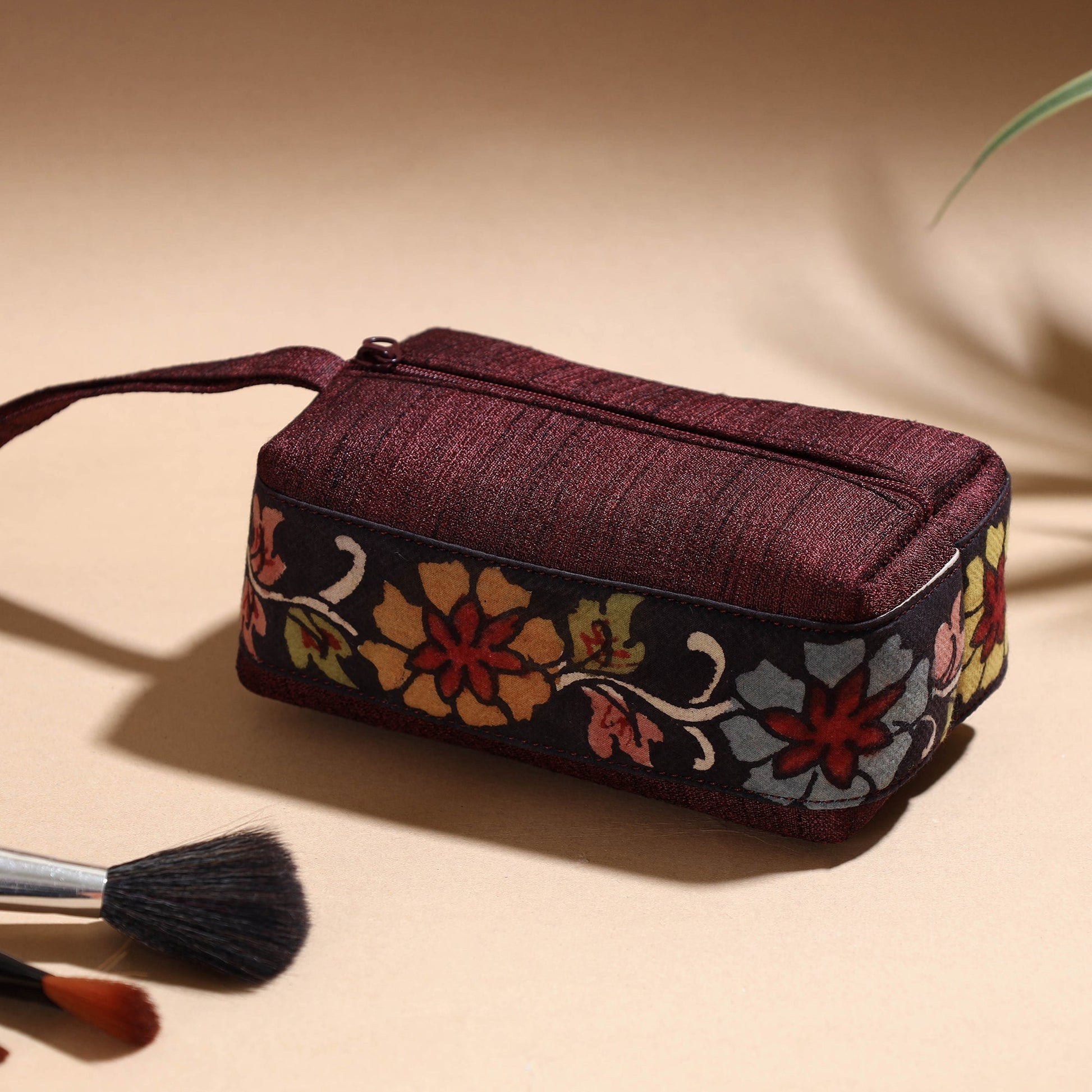 Brown - Handpainted Kalamkari Natural Dyed Ghicha Silk Multipurpose Cosmetic/Toiletry Pouch
