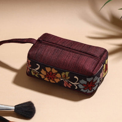 Brown - Handpainted Kalamkari Natural Dyed Ghicha Silk Multipurpose Cosmetic/Toiletry Pouch