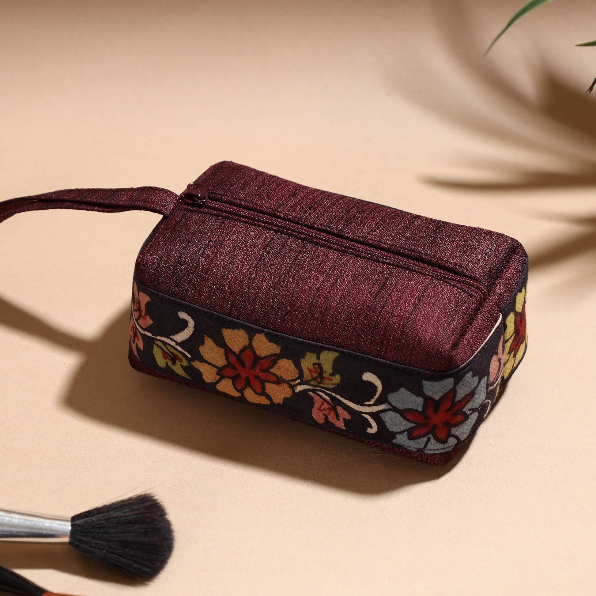 Brown - Handpainted Kalamkari Natural Dyed Ghicha Silk Multipurpose Cosmetic/Toiletry Pouch