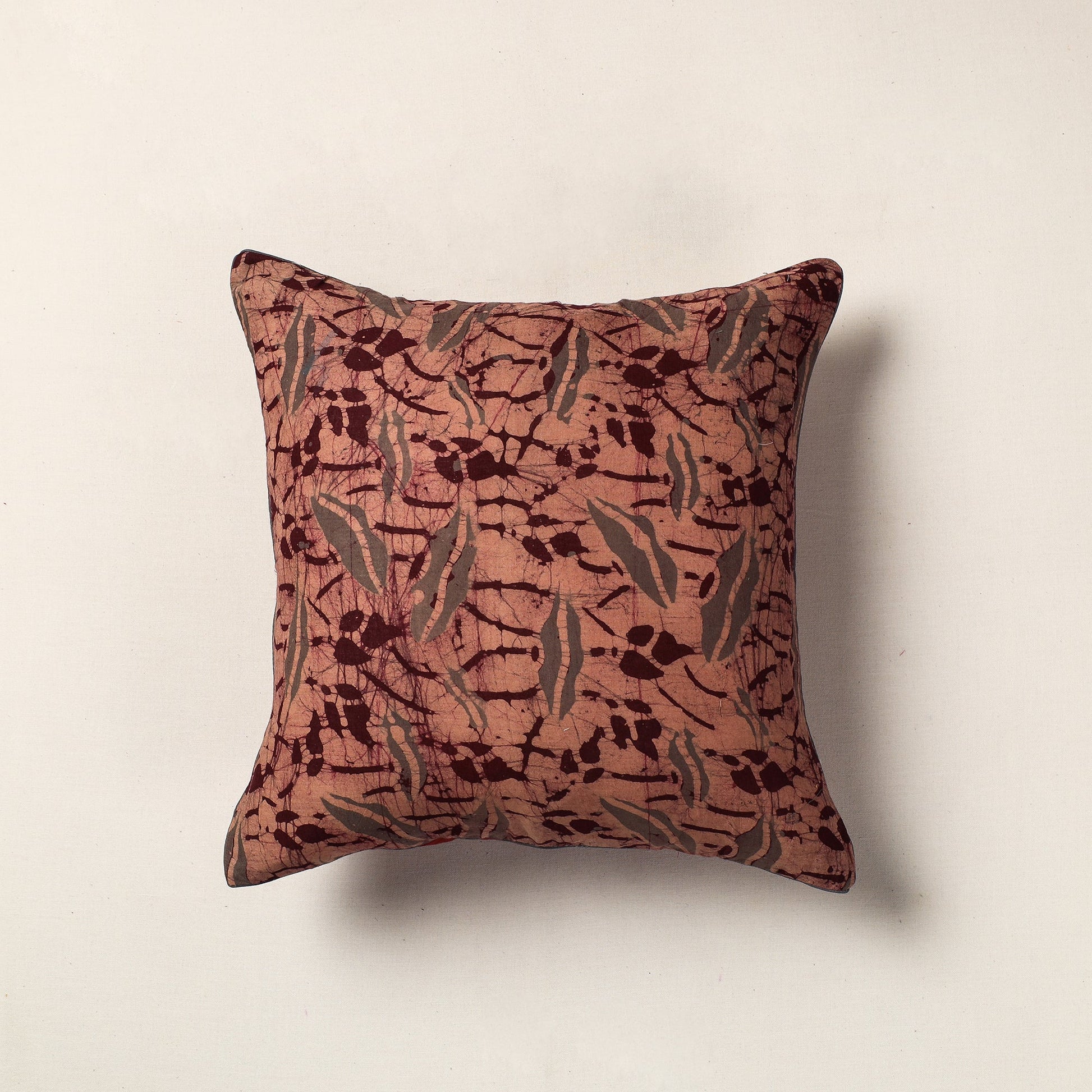 Brown - Hand Batik Printed Cotton Cushion Cover (16 x 16 in)