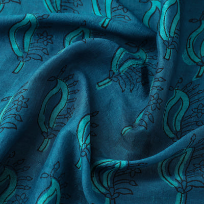Blue - Akola Hand Block Printed Mulberry Silk Fabric 26