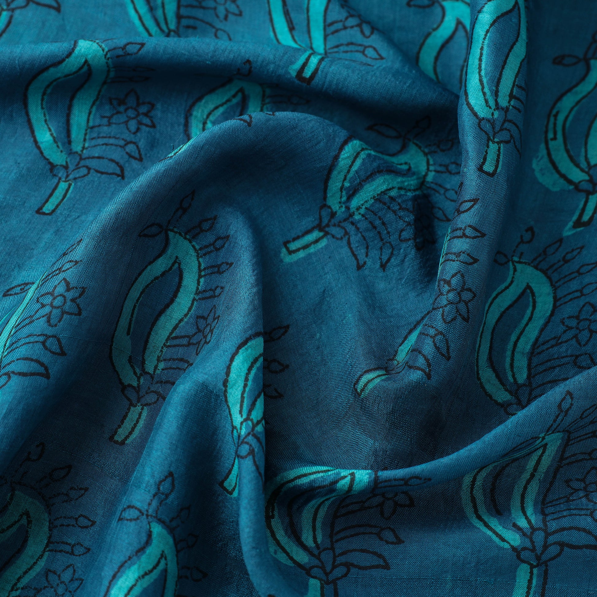 Blue - Akola Hand Block Printed Mulberry Silk Fabric 26
