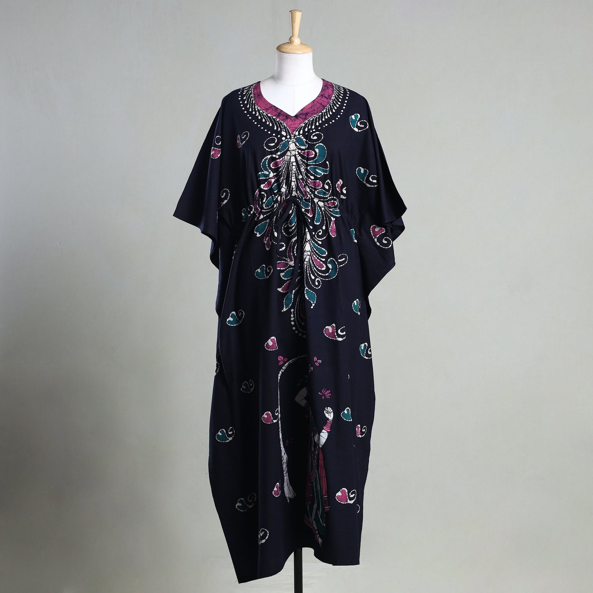 Black - Hand Batik Printed Cotton Kaftan with Tie-Up Waist (Long)