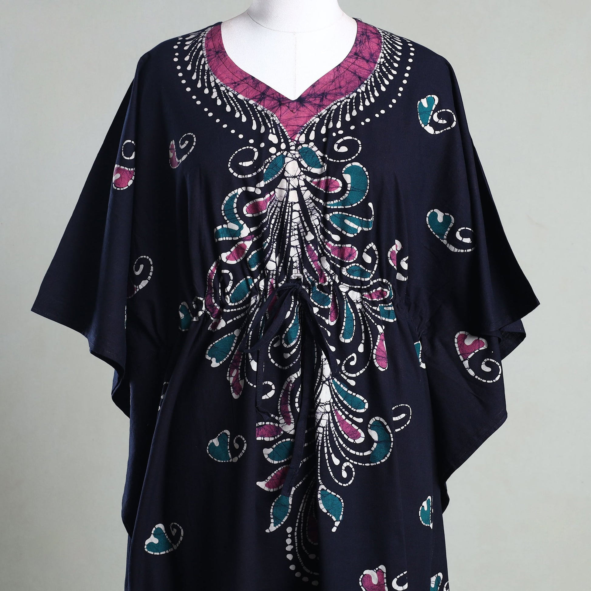 Black - Hand Batik Printed Cotton Kaftan with Tie-Up Waist (Long)