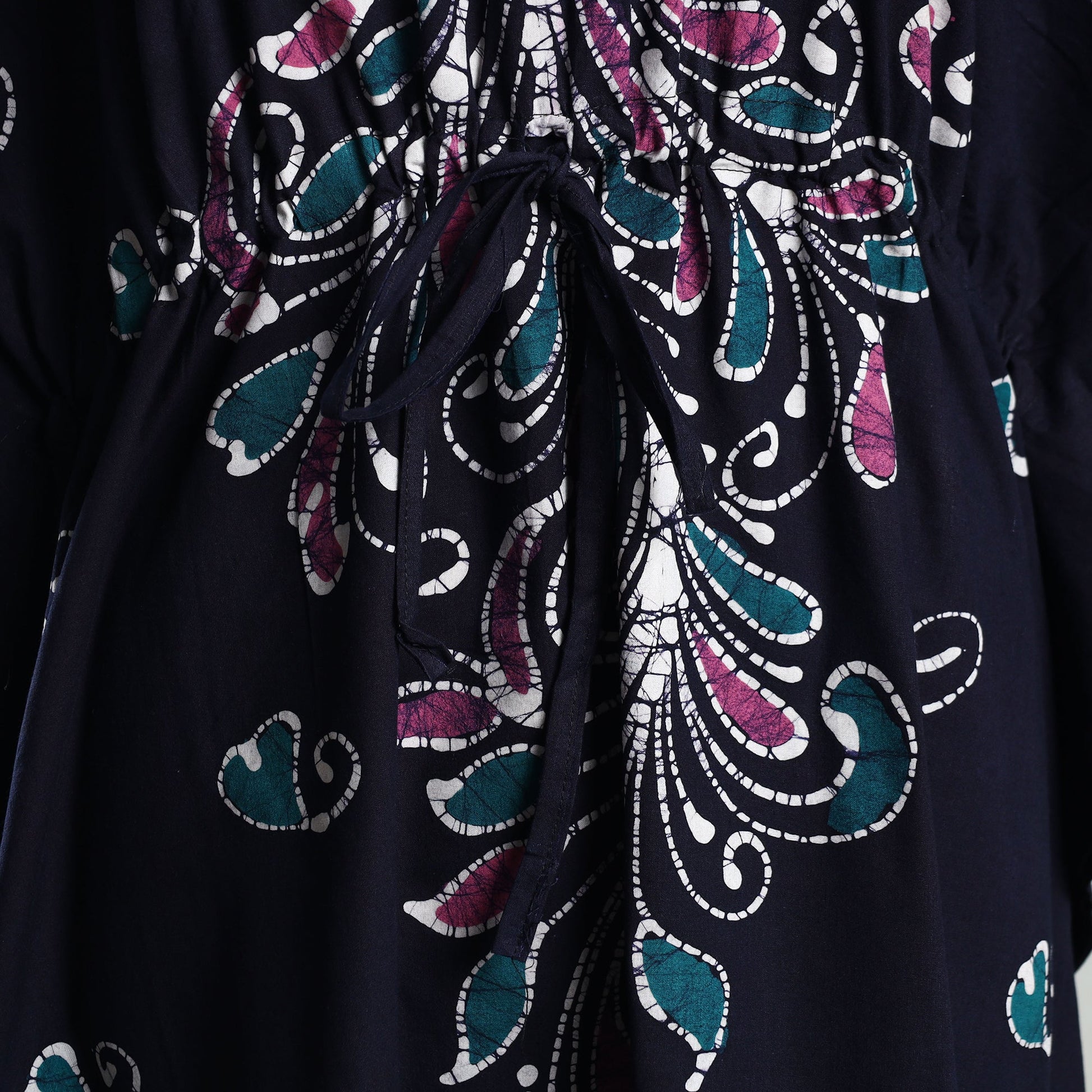 Black - Hand Batik Printed Cotton Kaftan with Tie-Up Waist (Long)