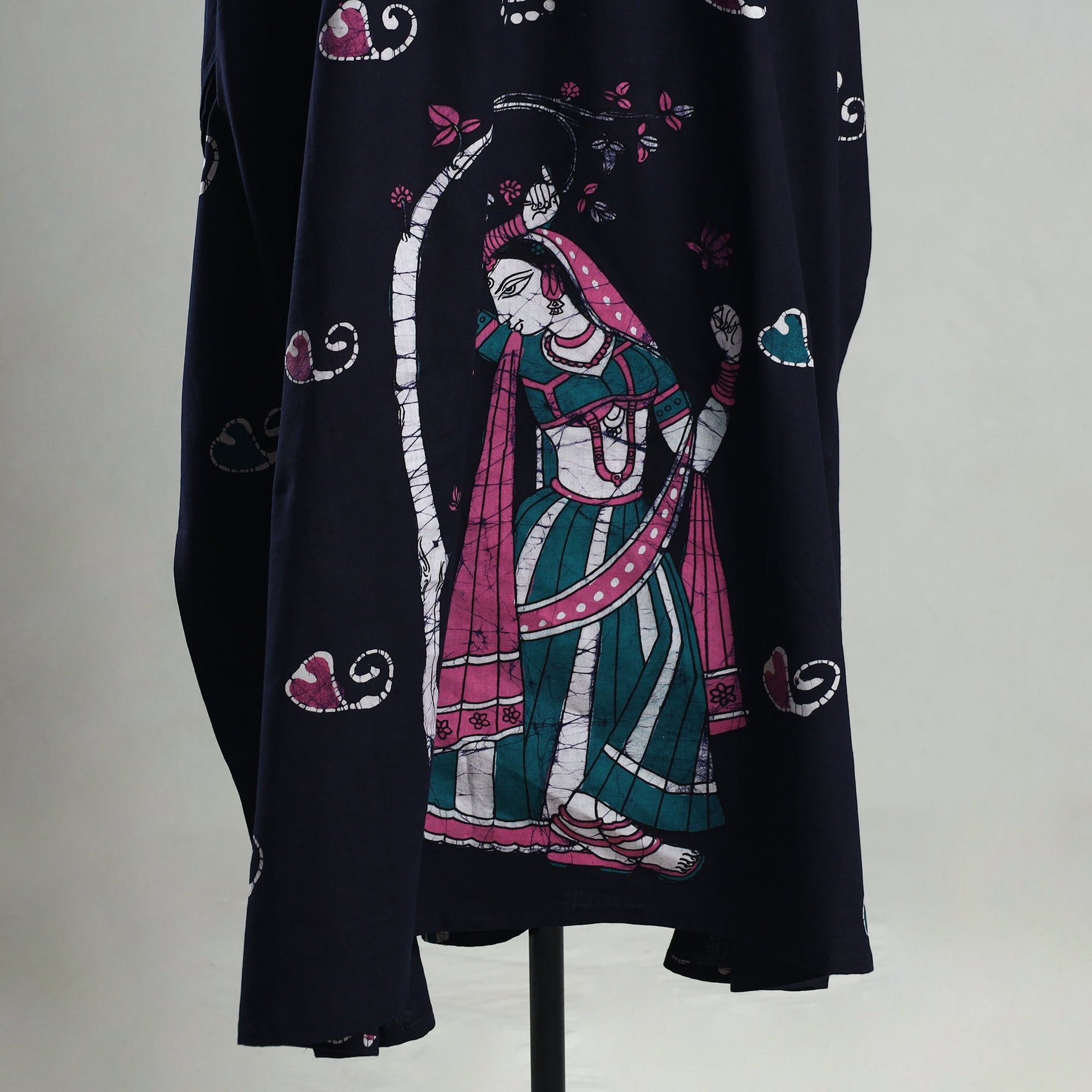 Black - Hand Batik Printed Cotton Kaftan with Tie-Up Waist (Long)