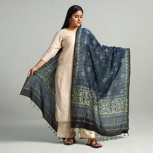 Blue - Block Printed Chanderi Silk Handloom Ajrakh Dupatta 03