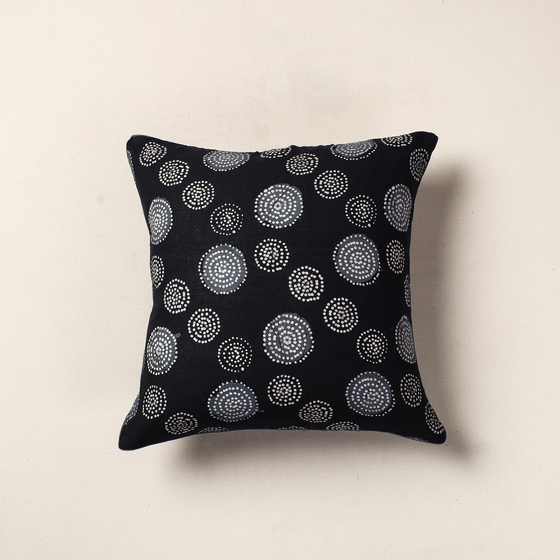 Black - Hand Batik Printed Cotton Cushion Cover (16 x 16 in)