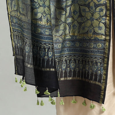 Blue - Block Printed Chanderi Silk Handloom Ajrakh Dupatta 03