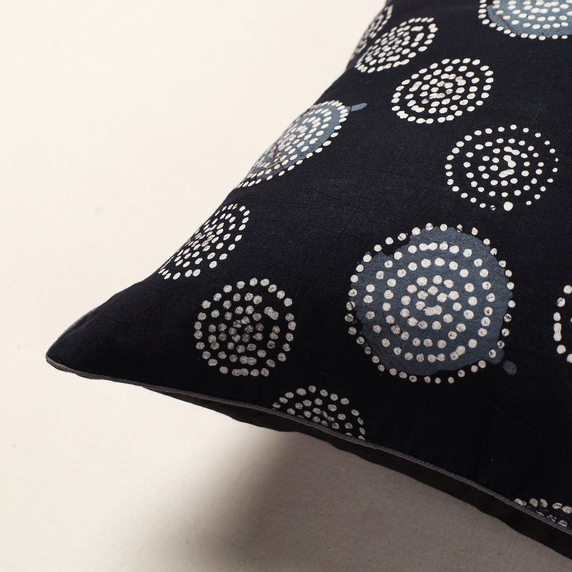 Black - Hand Batik Printed Cotton Cushion Cover (16 x 16 in)