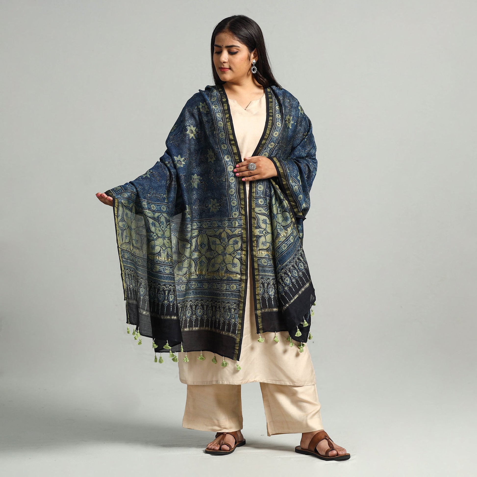 Blue - Block Printed Chanderi Silk Handloom Ajrakh Dupatta 03