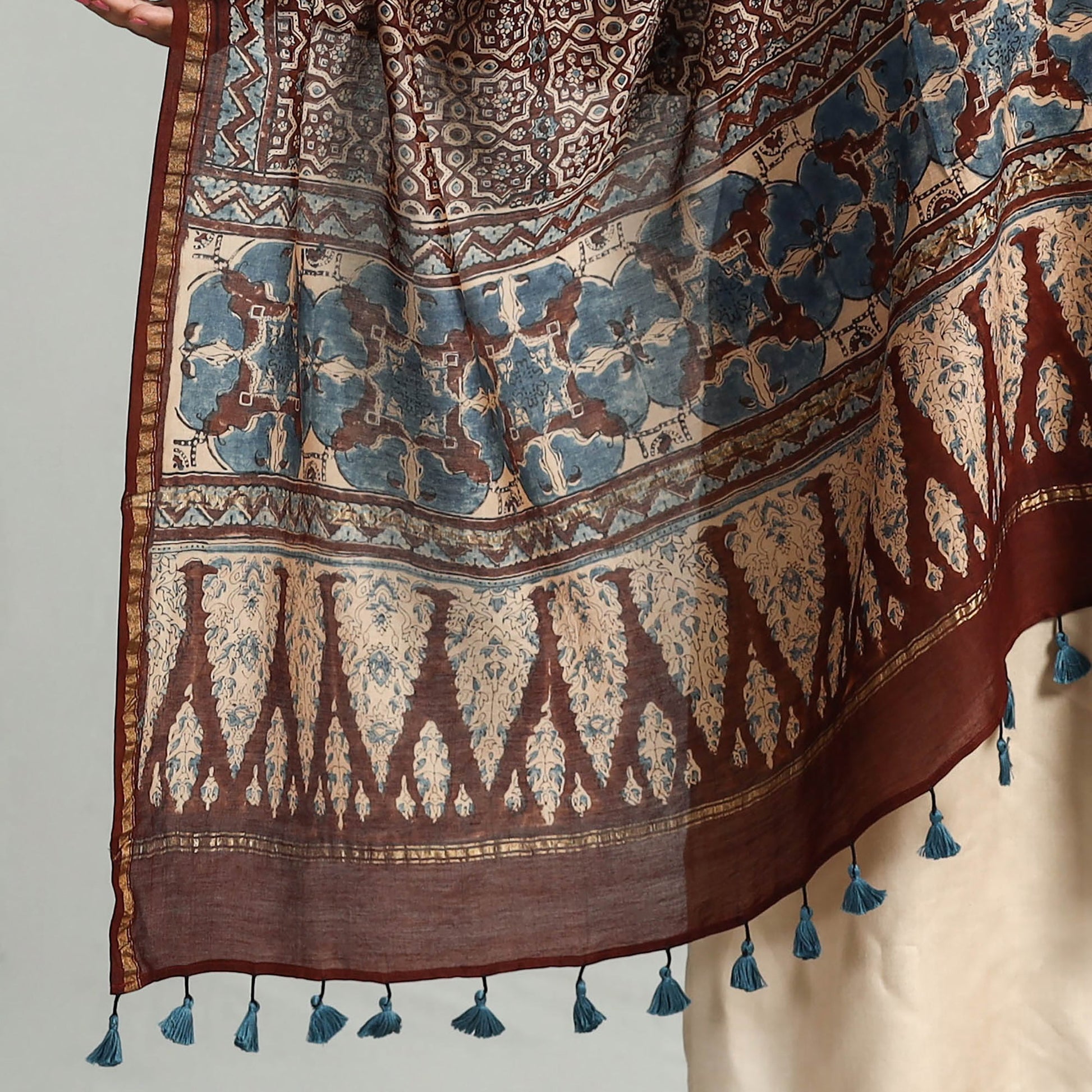 Brown - Block Printed Chanderi Silk Handloom Ajrakh Dupatta 04