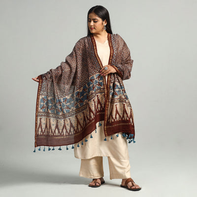 Brown - Block Printed Chanderi Silk Handloom Ajrakh Dupatta 04