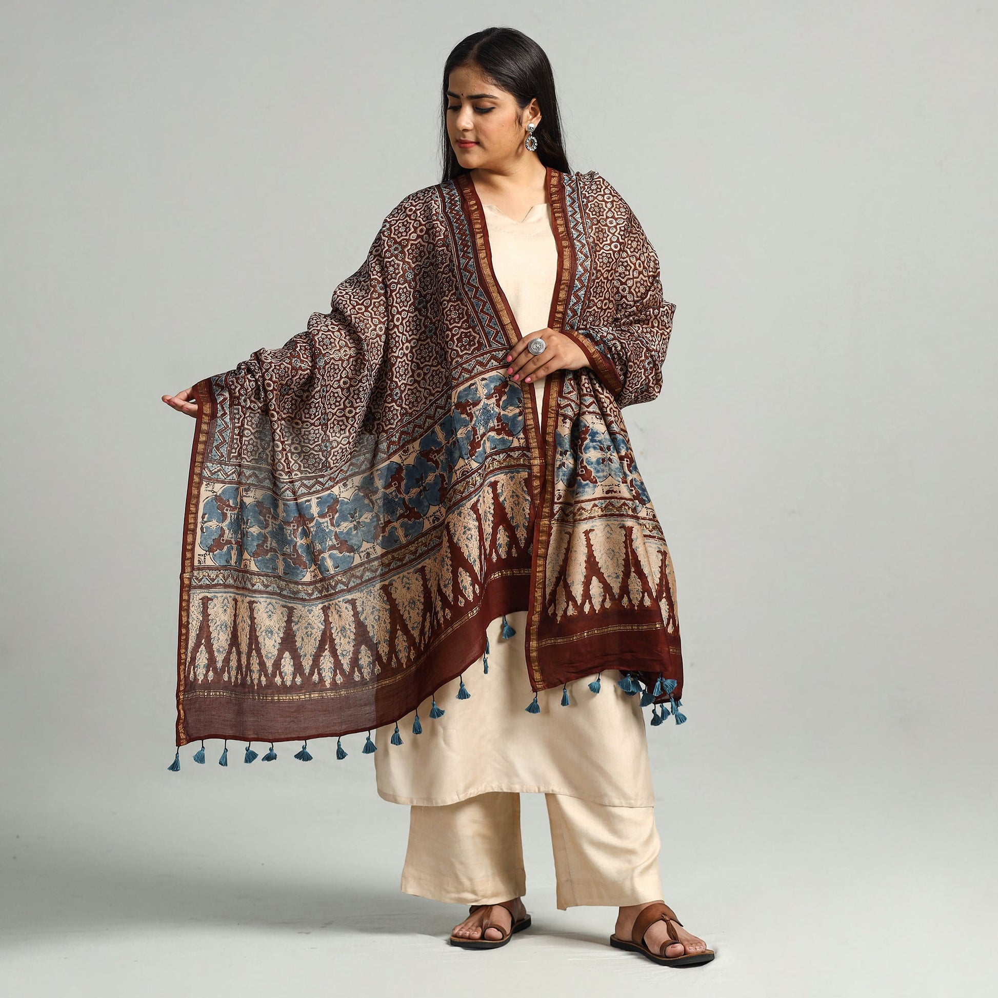 Brown - Block Printed Chanderi Silk Handloom Ajrakh Dupatta 04