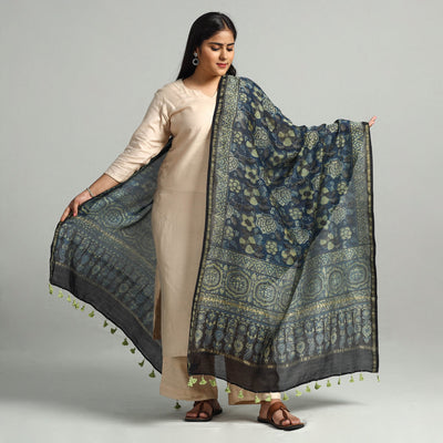 Blue - Block Printed Chanderi Silk Handloom Ajrakh Dupatta 05