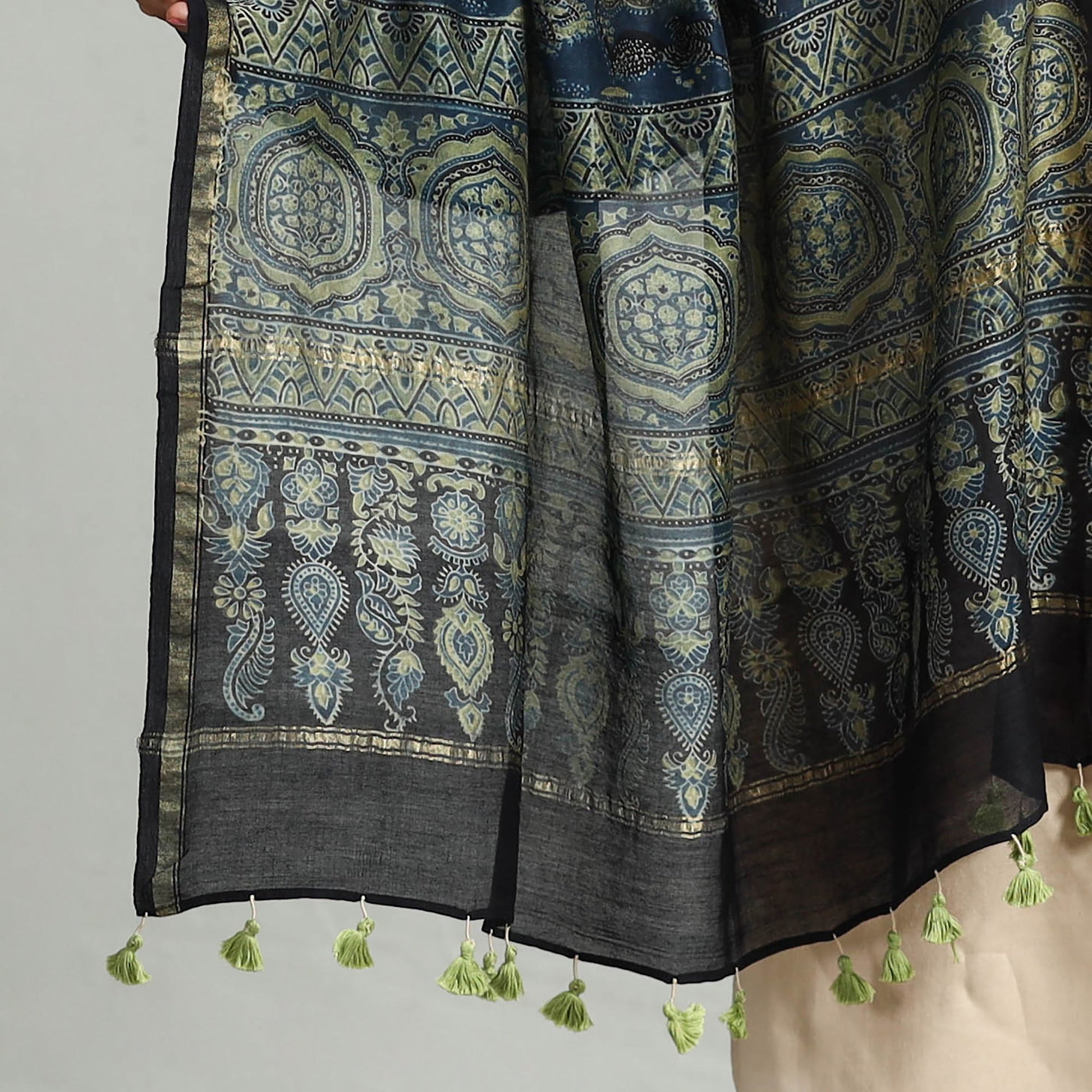 Blue - Block Printed Chanderi Silk Handloom Ajrakh Dupatta 05