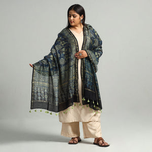Blue - Block Printed Chanderi Silk Handloom Ajrakh Dupatta 05