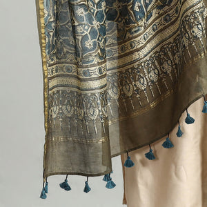 Beige - Block Printed Chanderi Silk Handloom Ajrakh Dupatta 07