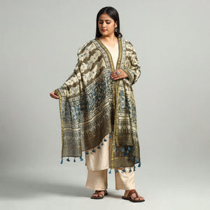 Beige - Block Printed Chanderi Silk Handloom Ajrakh Dupatta 07