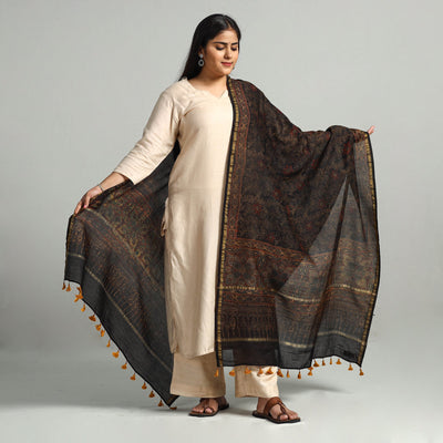 Brown - Block Printed Chanderi Silk Handloom Ajrakh Dupatta 08