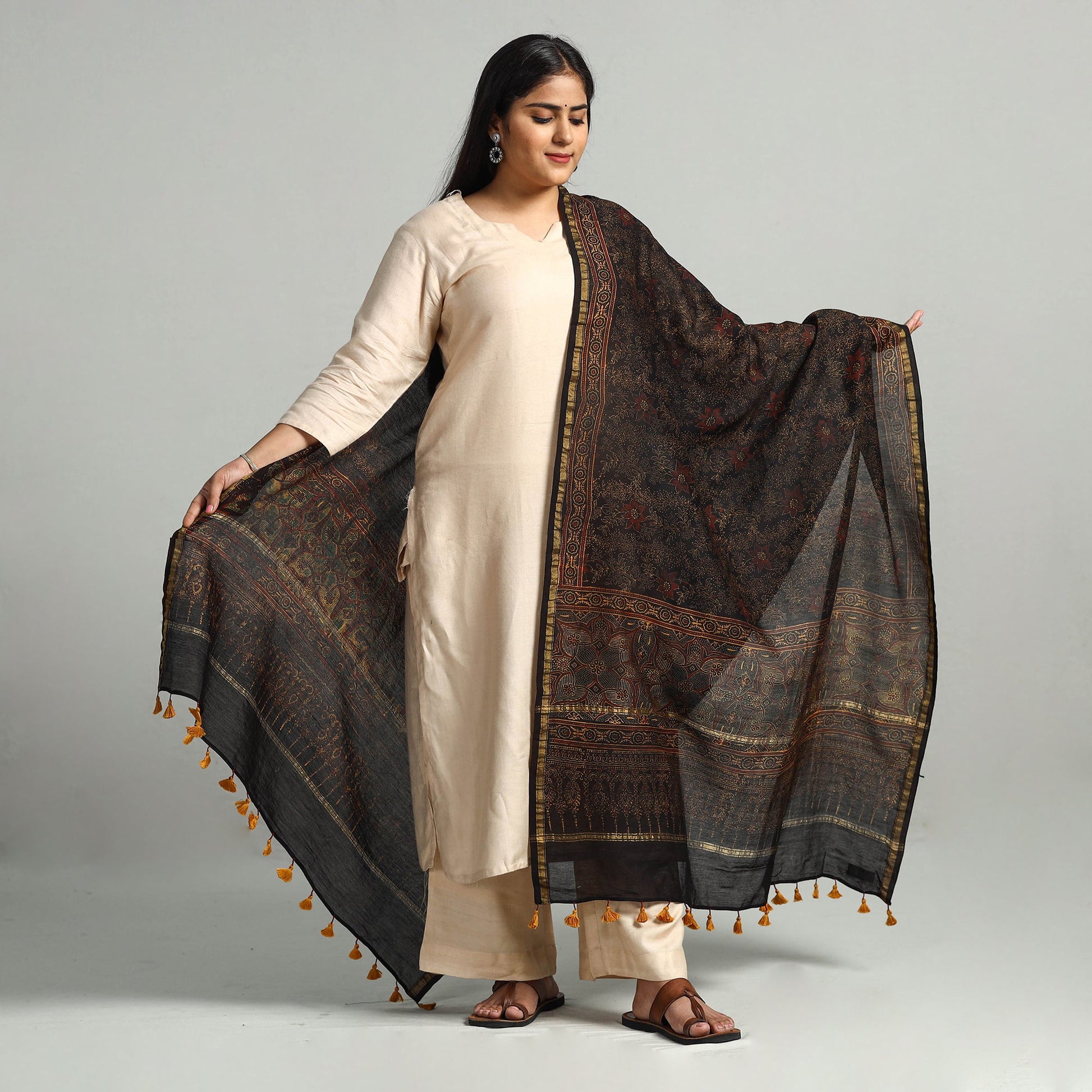 Brown - Block Printed Chanderi Silk Handloom Ajrakh Dupatta 08