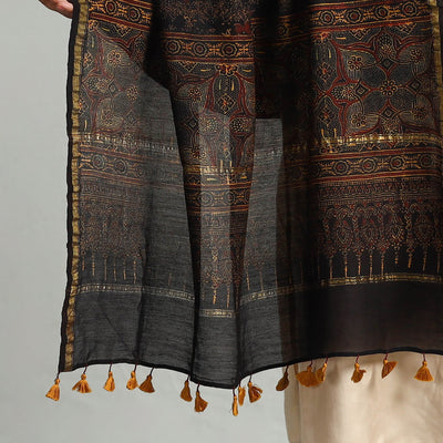 Brown - Block Printed Chanderi Silk Handloom Ajrakh Dupatta 08
