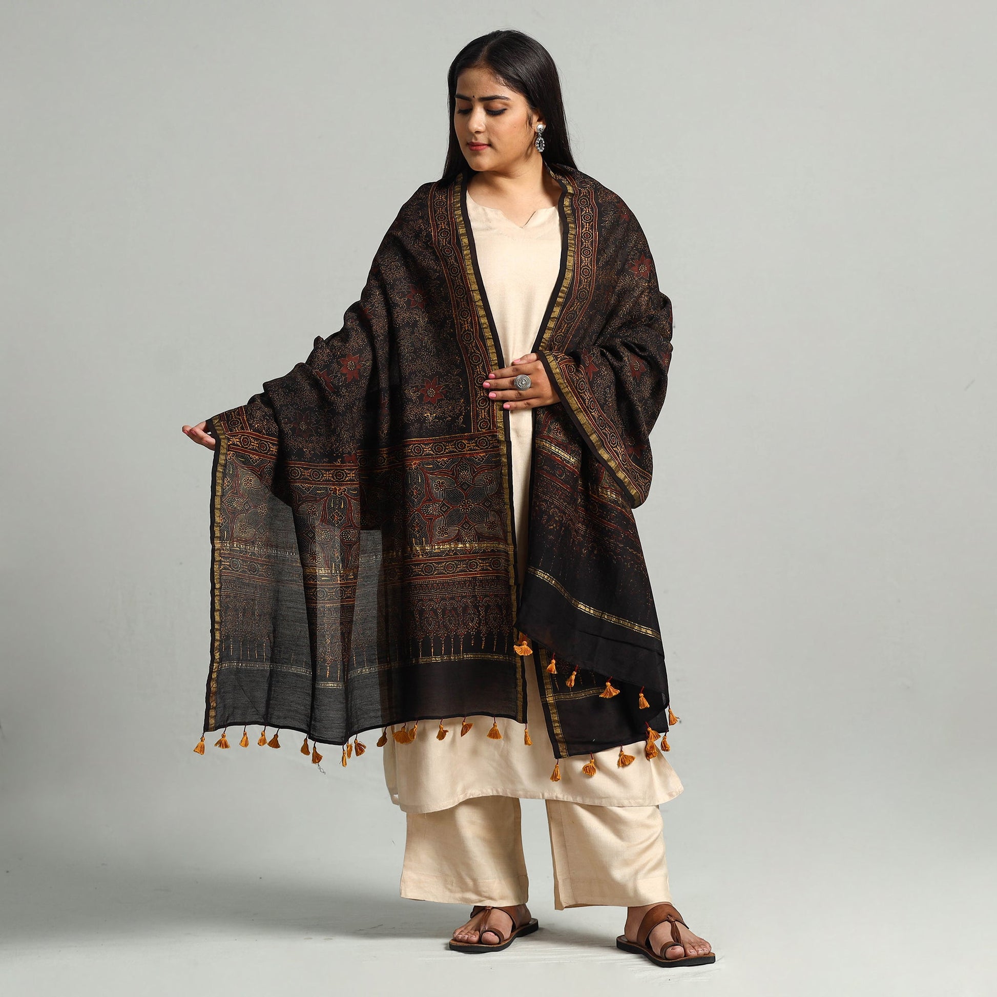 Brown - Block Printed Chanderi Silk Handloom Ajrakh Dupatta 08