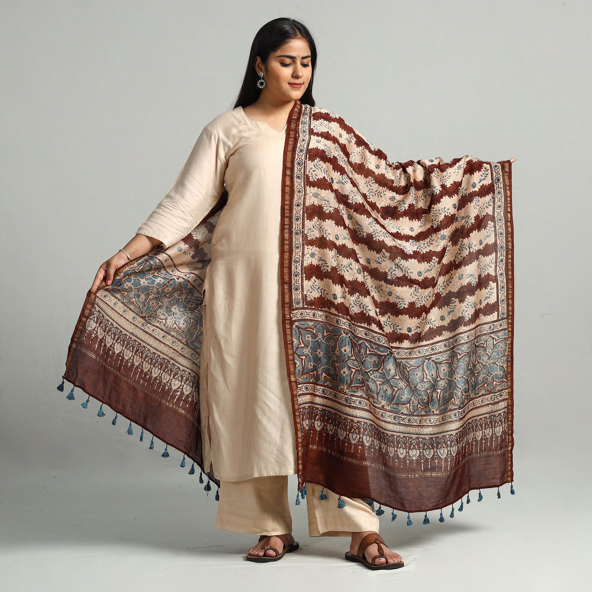 Brown - Block Printed Chanderi Silk Handloom Ajrakh Dupatta 10