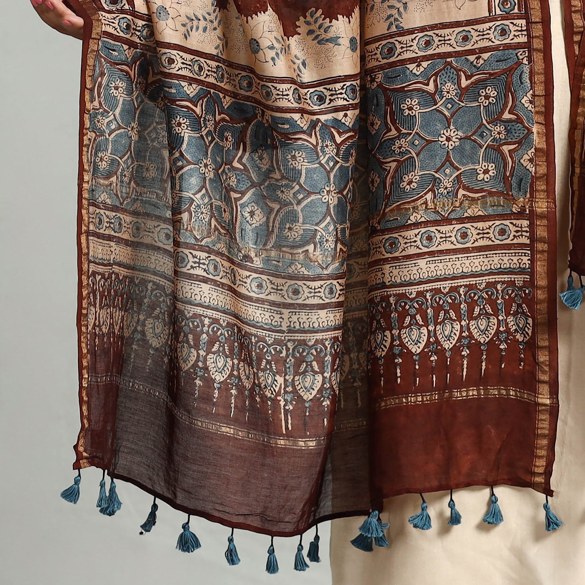 Brown - Block Printed Chanderi Silk Handloom Ajrakh Dupatta 10