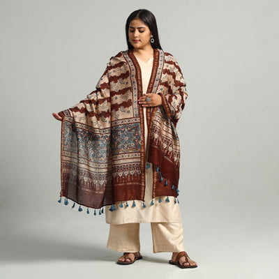 Brown - Block Printed Chanderi Silk Handloom Ajrakh Dupatta 10
