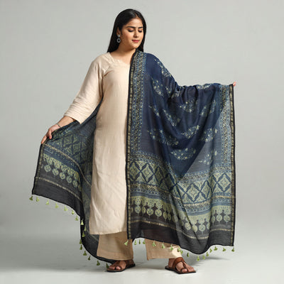 Blue - Block Printed Chanderi Silk Handloom Ajrakh Dupatta 09
