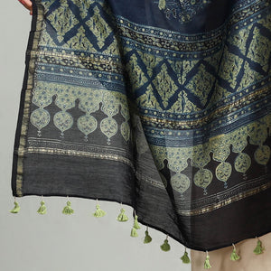 Blue - Block Printed Chanderi Silk Handloom Ajrakh Dupatta 09