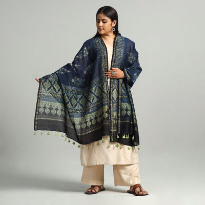 Blue - Block Printed Chanderi Silk Handloom Ajrakh Dupatta 09