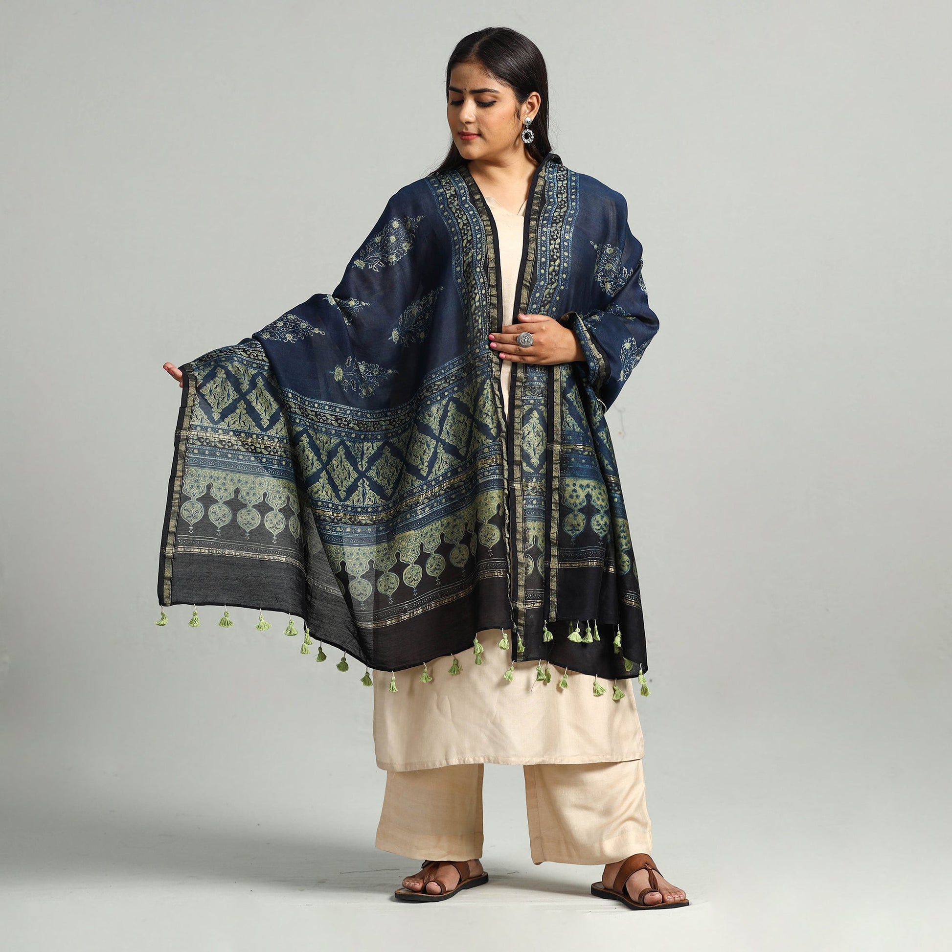 Blue - Block Printed Chanderi Silk Handloom Ajrakh Dupatta 09