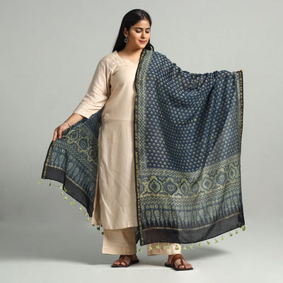 Blue - Block Printed Chanderi Silk Handloom Ajrakh Dupatta 12